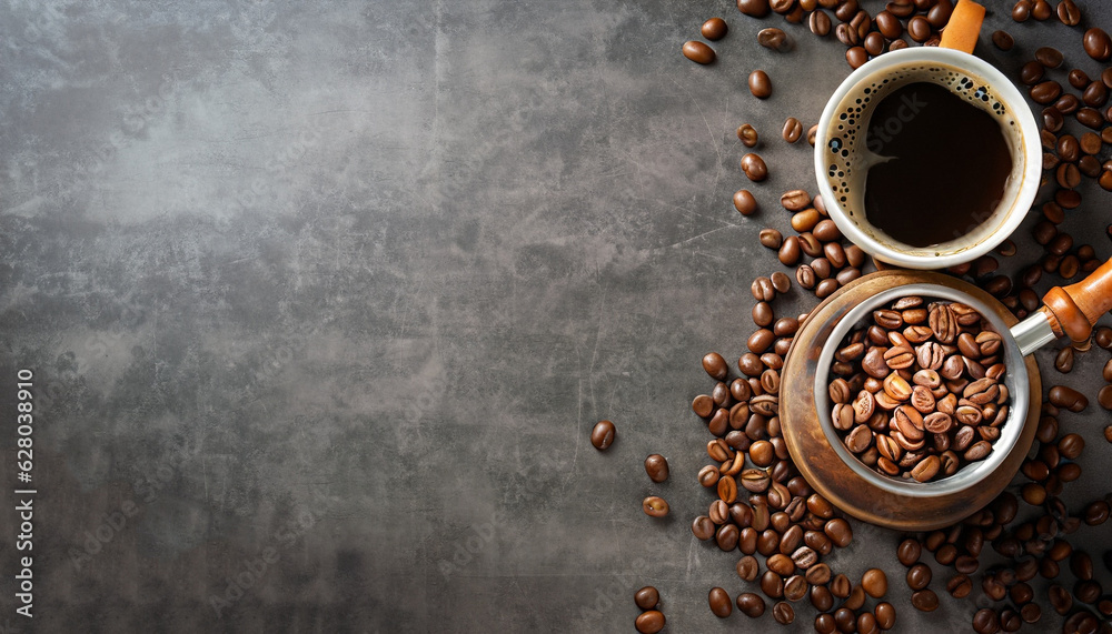 Coffee cup and beans on old kitchen table. Top view with copyspace for your text Coffee cup and beans on old kitchen table. Top view with copyspace for your text