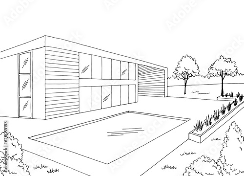 Modern house with swimming pool graphic black white sketch illustration vector