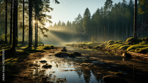 Beautiful sunny morning green forest, Wild Forest morning sunbeam, beautiful forest with the sun shining through, Sunrise inside the forest, sun rays in virgin nature, Old tree in sunrise shining