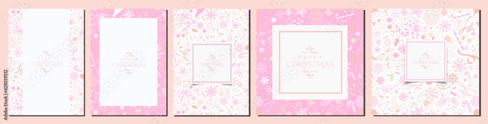 Set of White and Pink Pastel Christmas Background Designs. Beautiful White Christmas Templates with Christmas elements in pink, yellow, peach, magenta. A4 Posters, Greeting Cards, Banners. Vector Art.