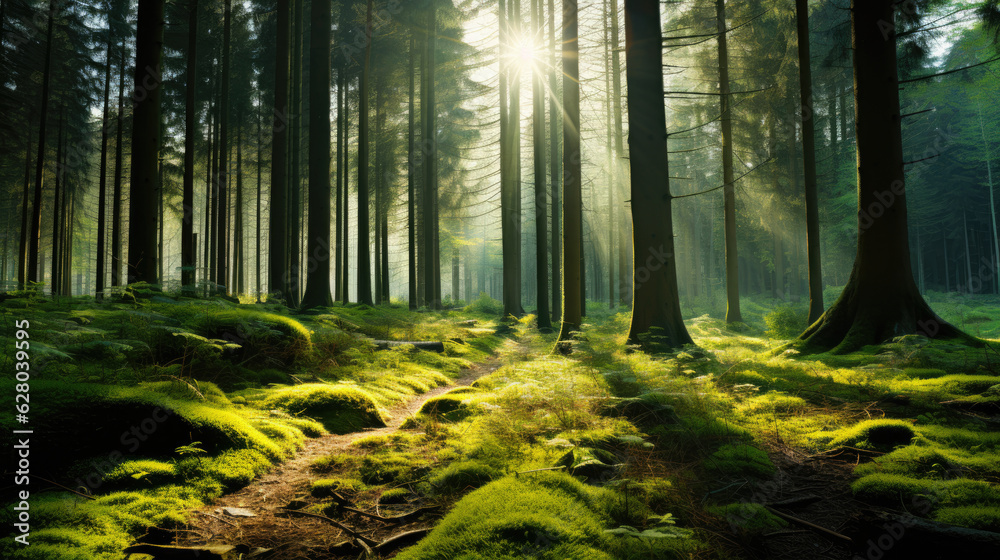 Beautiful sunny morning green forest, Wild Forest morning sunbeam, beautiful forest with the sun shining through, Sunrise inside the forest, sun rays in virgin nature, Old tree in sunrise shining