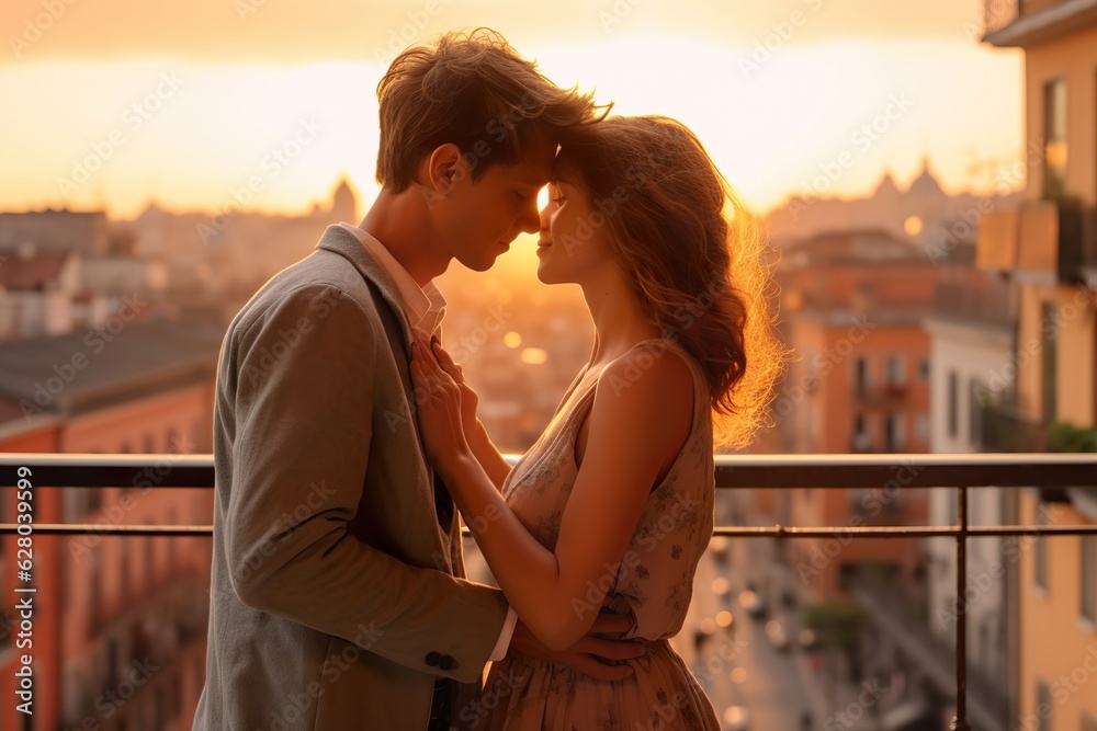 Romantic couple hugs each other on a balcony in cityscape during golden hour Romantic couple hugs each other on a balcony in cityscape during golden hour