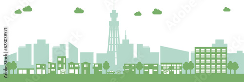 都市部の住宅街を描いた街並みのイラストセット