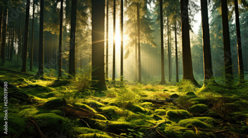 Beautiful sunny morning green forest, Wild Forest morning sunbeam, beautiful forest with the sun shining through, Sunrise inside the forest, sun rays in virgin nature, Old tree in sunrise shining © ND STOCK