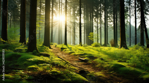 Beautiful sunny morning green forest  Wild Forest morning sunbeam  beautiful forest with the sun shining through  Sunrise inside the forest  sun rays in virgin nature  Old tree in sunrise shining