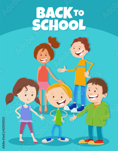 cartoon happy children with back to school caption