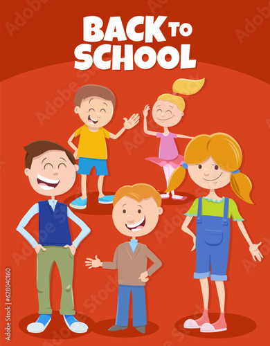 cartoon happy children with back to school caption