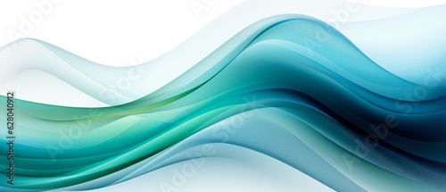 Abstract background with translucent green and blue neon colored waves on white background. 21 to 9 aspect ratio. Generative AI