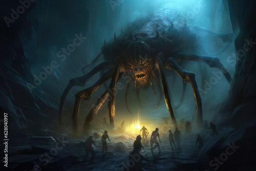 Daring Adventurers Confront the Giant Spider in the Dark Cave