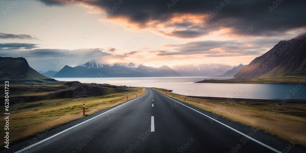 Mountain landscape. Transportation and travel and adventure concept. Serene countryside road. Highway through beautiful mountain background