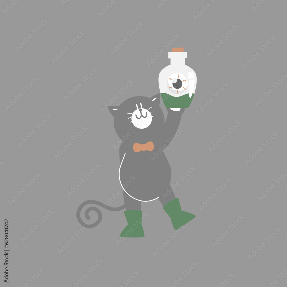 happy halloween holiday festival with black cat and jar of eyeball, flat vector illustration cartoon character design
