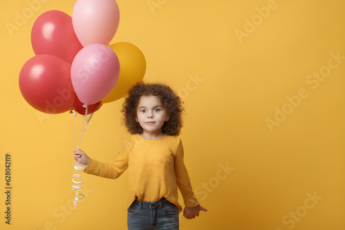 kid with baloons on yellow background