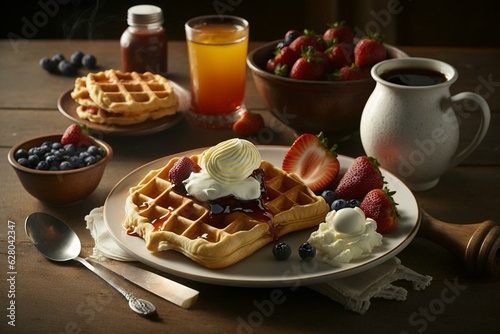 Morning meal with crispy waffles, syrup, butter, and toppings such as berries, whipped cream, and bacon. Generative AI