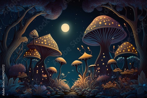 Magical forest at night with fantasy flowers in an extraterrestrial world. Generative AI