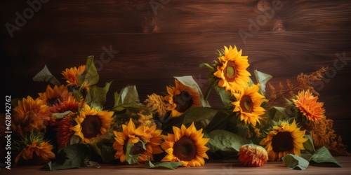 unflowers on a Brown Wooden Background with Ample Copy Space, Embracing Collage-Based Style and Sun-Soaked Colors photo