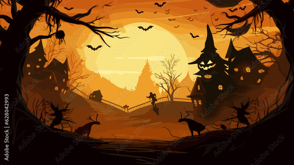AI generated. Vector illustration. Background illustration with Halloween theme. Landscape with dead trees and pumpkins. Creepy castle in the woods. moonlight.