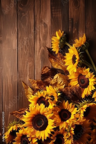 unflowers on a Brown Wooden Background with Ample Copy Space, Embracing Collage-Based Style and Sun-Soaked Colors photo