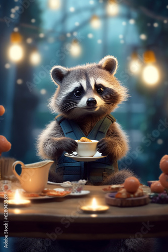 Adorable Raccoon Enjoying Coffee and Cake at the Table - AI generated