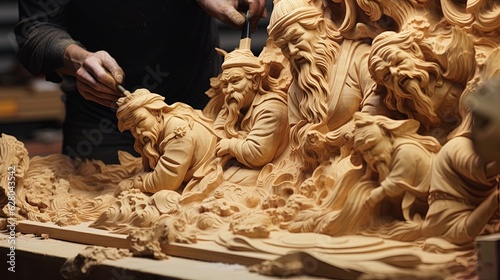 Production process of artistic wood carving. Generative AI
