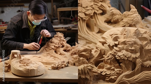 Production process of artistic wood carving. Generative AI