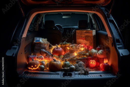 Photographie Spooky Halloween Car Trunk: Open Trunk Full of Halloween Items, Illuminated by Spooky Lights on a Haunted Street
