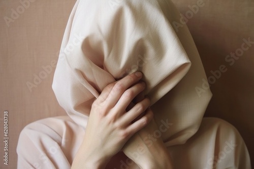 Illustration of a woman hiding her face with a blanket created using generative AI