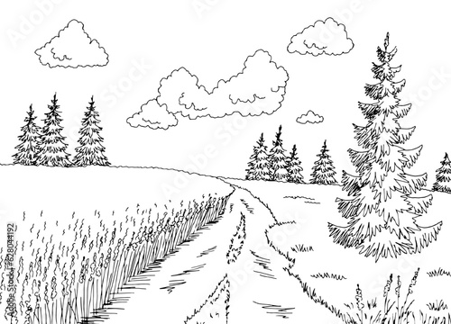 Field road graphic black white rural landscape sketch illustration vector 