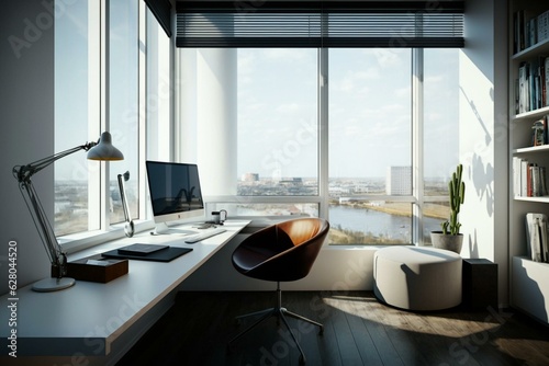 Bright office space with a workspace, seat, storage, and a wide glass view. Generative AI