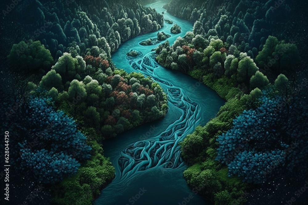 Artificial river running through lush forest. Generative AI