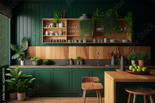 Kitchen with green wall paneling and wooden shelf. Generative AI