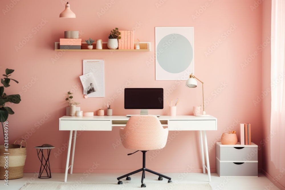 Illustration of a home office with pink walls and a white desk, created using generative AI technology Illustration of a home office with pink walls and a white desk, created using generative AI technology