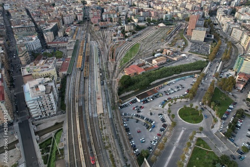 platforms of the Salerno railway station seen from above photographed by a drone