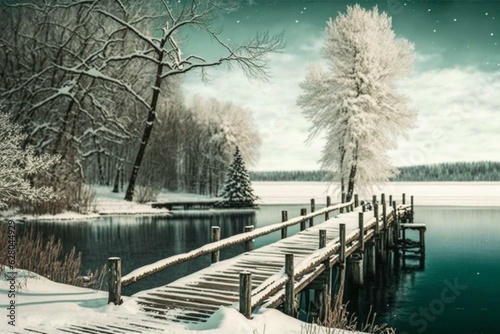 Winter wonderland with vintage dock and snow-covered trees. Generative AI © Meliora