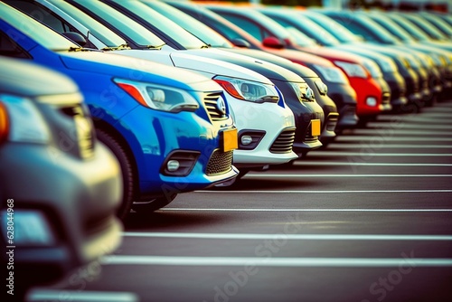 New cars for sale at dealership parking lot with rows of vehicles waiting for new owners in a sleek car service area. Generative AI