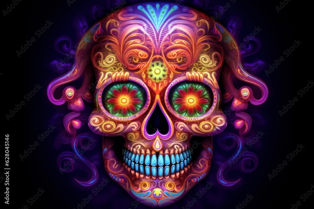 Illustration of a colorful skull with a flower on its head created using generative AI Illustration of a colorful skull with a flower on its head created using generative AI