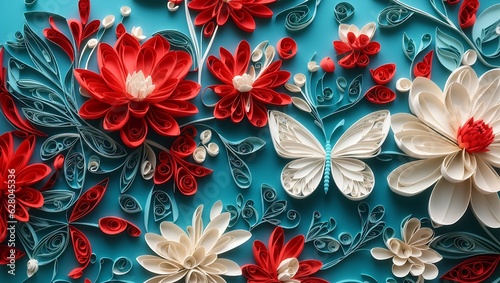 Paper art style colorful florals butterflies seamless pattern design wallpaper generated by AI