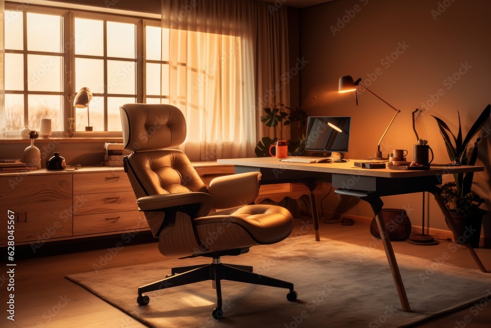 Illustration of a chair and desk setup in a modern office space, created using generative AI technology