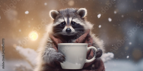 Cheerful Raccoon Sipping Hot Cocoa on a Winter Evening with Cozy Scarf and Jacket - AI generated