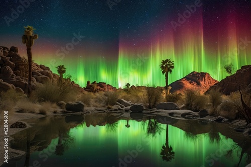 aurora reflecting in desert oasis at night