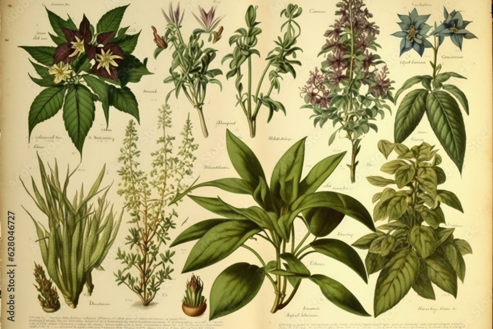 An antique botanical lithograph sheet with plant images from the 1890s-1900s. Generative AI