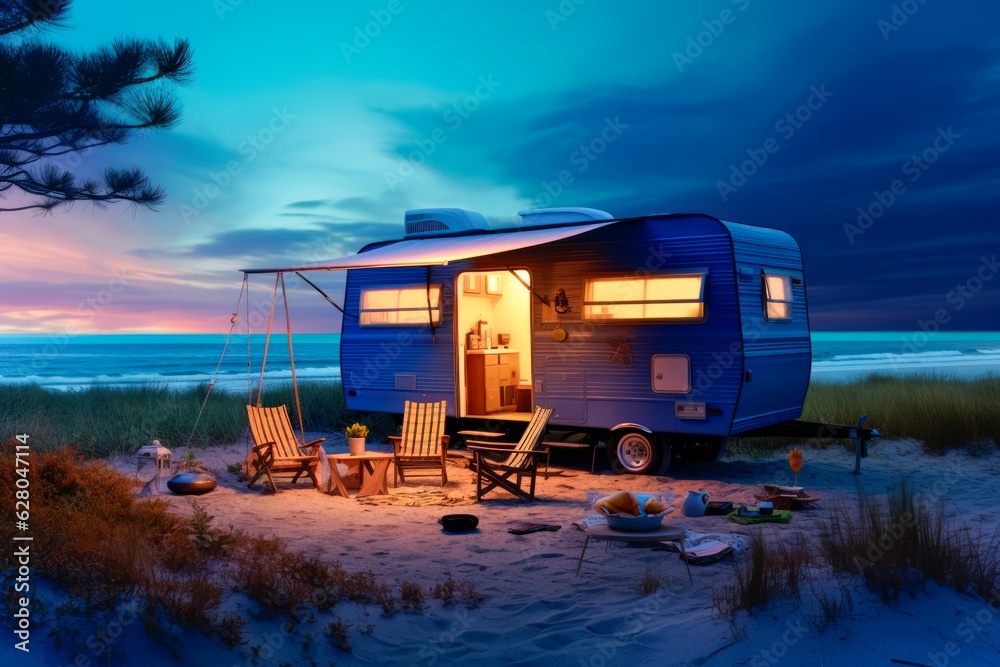 camper on the beach at blue hour