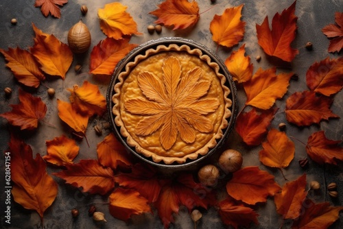top view of pumpkin pie with autumn leaves