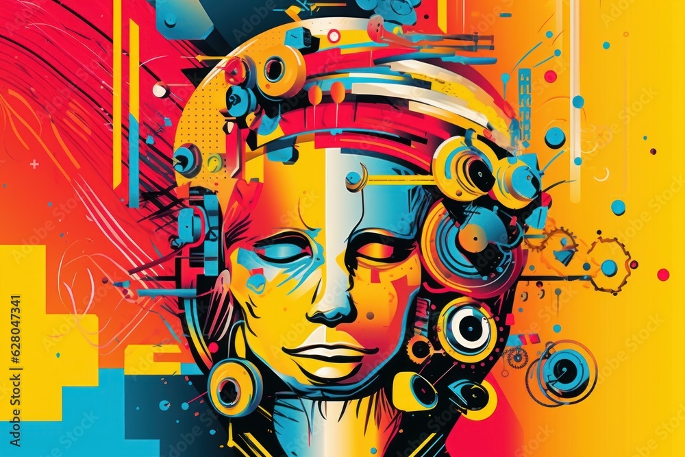 Fototapeta premium Illustration of a vibrant and abstract portrait of a woman with a colorful background, created using generative AI