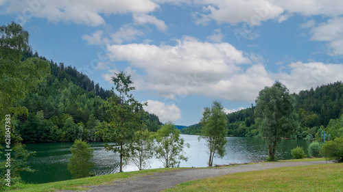 Panoramablick auf die Nagoldtalsperre. Gemeinde Seewald. Langgestreckter und malerischer Stausee zwischen Vor- und Hauptdamm umgeben von einem Waldgebiet des Schwarzwaldes
 photo