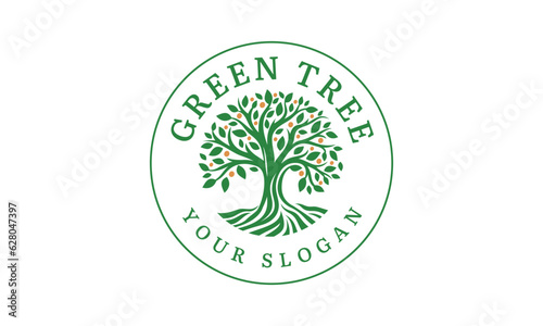 Green Tree Logo Ecological Orchard Nature Tree with Green Leaves Eco Tree Farm Vector Illustration