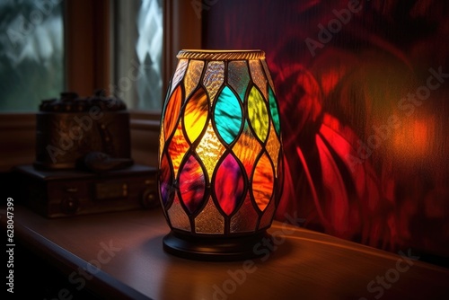 colorful stained-glass bedside lamp in the dark © Natalia