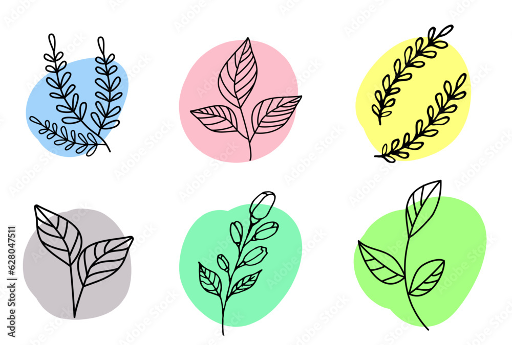 set design line art plants, vector illustration. Colored spots on a white background
