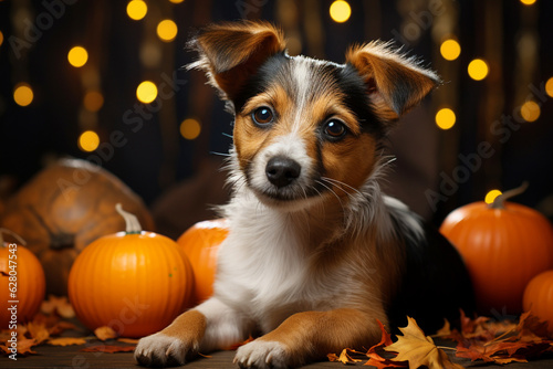 A small and cute puppy in a modern interior on the background of bright Halloween pumpkins