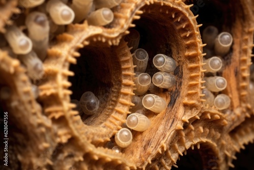 macro shot of beetle larvae in wood tunnels