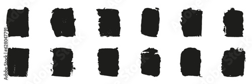 Brush Stroke Paint Texture, Dirty Black Ink Collection. Square Brushstroke Background for Banner Set. Grungy Paintbrush in Rectangle Shape. Abstract Graphic Element. Isolated Vector Illustration